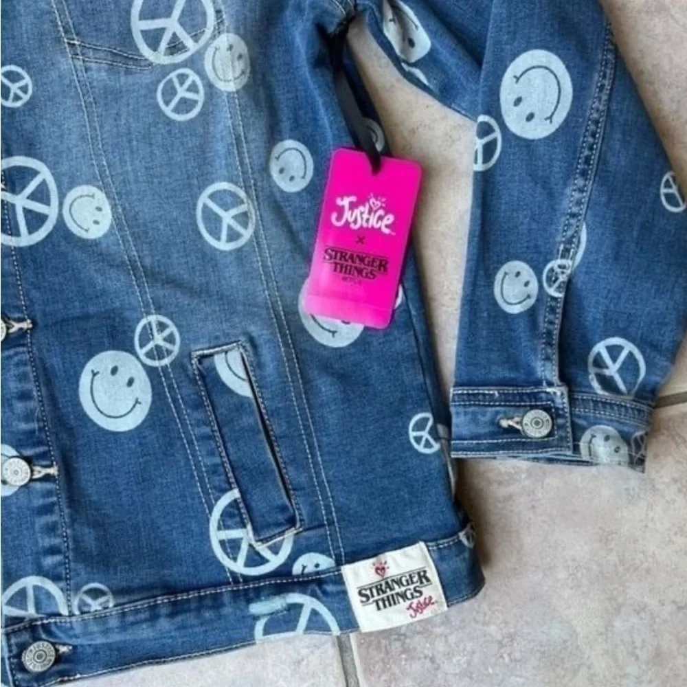Stranger Things X Justice Girls Jean Jacket | Peace & Smiley Faces | M | 7-8